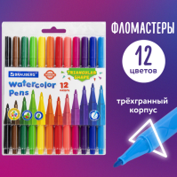 Фломастеры трехгранные 12 цветов, вентилируемый колпачок BRAUBERG, ПВХ-упаковка, 152193