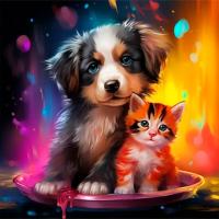 Холст с красками 30х30 см по номерам (20цв) "Малыши" Щенок и котёнок (арт.Х-6326)