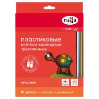 Карандаши цветные пластиковые Гамма "Мультики", 18цв.+1 золотой +1 серебряный, трехгранные,