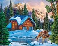 Холст с красками  по номерам  Зимний домик и оленята 