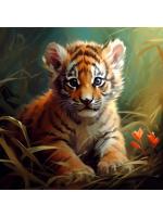 Холст с красками 30х30 см по номерам (20цв) "Малыши" Тигрёнок на охоте (арт. Х-6333)