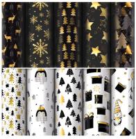 Бумага упаковочная новогодняя "Black.Gold.White" 70*100см, 10 дизайнов ассор. ЗОЛОТАЯ СКАЗКА