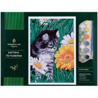 Котик в цветах. Картина по номерам A3, с акриловыми красками, картон, европодвес