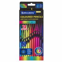 Самсон Карандаши цветные неоновые BRAUBERG, 12 цветов, черное дерево, колорбокс, 181852