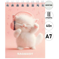 Блокнот А7, 40 л, Котенок-меломан, клетка, гребень, арт. 70964