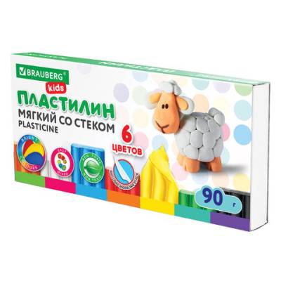Самсон Пластилин мягкий восковой BRAUBERG KIDS, 6 цветов, 90 г, со стеком, 106493