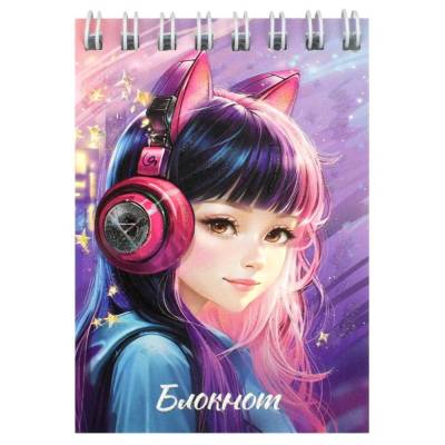 Блокнот А7, 40 л, Девочка в наушниках, клетка, арт. 70958