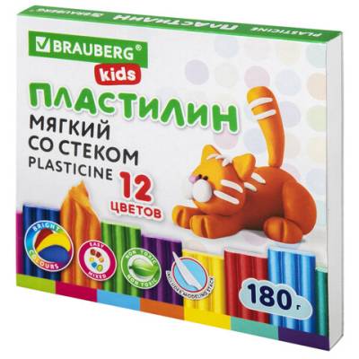 Самсон Пластилин мягкий восковой BRAUBERG KIDS, 12 цветов, 180 г, со стеком, 106495