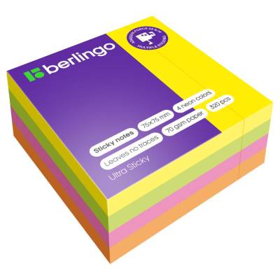 Самоклеящийся блок Berlingo "Ultra Sticky", 75*75мм, 320л, 4 неоновых цвета LSn_40002