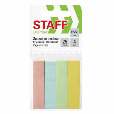 Самсон Закладки клейкие STAFF, ПАСТЕЛЬНЫЕ бумажные, 50х12 мм, 4 цвета х 25 листов, европодвес