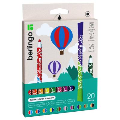 КанцРЦ Фломастеры двусторонние Berlingo "Воздушные шары", 20цв., 10шт., двуцвет, утолщ., картон, ев