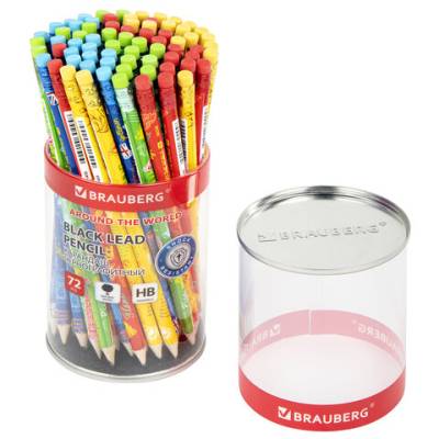 Самсон Карандаш чернографитный BRAUBERG "AROUND THE WORLD", 1 шт., HB, с ластиком, корпус ассорти,