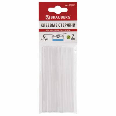 Самсон Клеевые стержни, диаметр 7мм, длина 100мм, белые, КОМПЛЕКТ 6 штук, BRAUBERG, европодвес, 670
