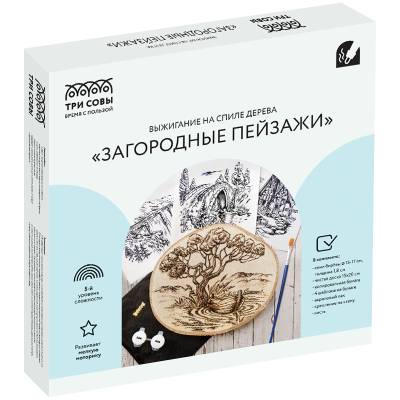 КанцРЦ Набор для выжигания на спиле дерева ТРИ СОВЫ "Загородные пейзажи", диаметр 15см, картонная к