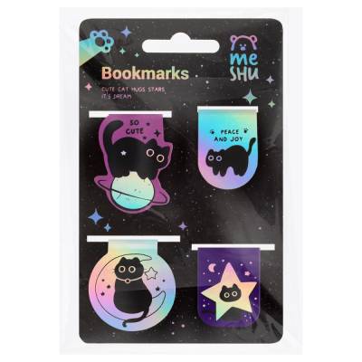 Закладки магнитные для книг, 4шт., MESHU "Meow Space", голографическая фольга