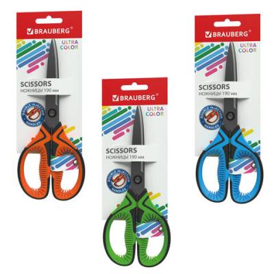 Самсон Ножницы BRAUBERG "ULTRA COLOR", 190 мм, ассорти, резиновые ребристые вставки, 237456