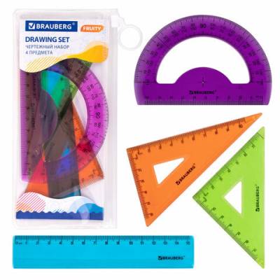 Самсон Набор чертежный малый BRAUBERG "FRUITY" (линейка 15 см, 2 треугольника, транспортир), ассорт