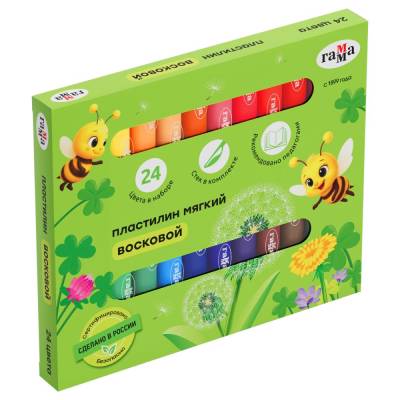 КанцРЦ Пластилин восковой мягкий Гамма "Пчелка", 24 цвета, 288г, со стеком, картон. упаковка