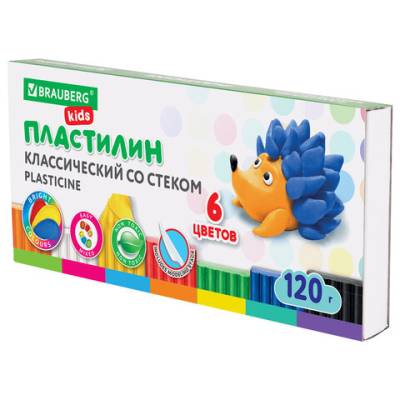 Самсон Пластилин классический BRAUBERG "KIDS", 6 цветов, 120 г, стек, ВЫСШЕЕ КАЧЕСТВО, 106435