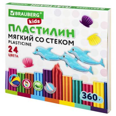 Самсон Пластилин мягкий восковой BRAUBERG KIDS, 24 цвета, 360 г, со стеком, 106498