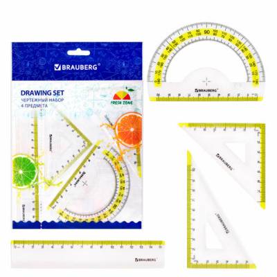 Самсон Набор чертежный малый BRAUBERG "FRESH ZONE" (линейка 15 см, 2 треугольника, транспортир), же