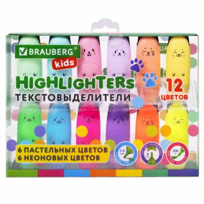 Самсон Набор текстовыделителей мини 12 ЦВЕТОВ BRAUBERG KIDS "CUTE CATS", линия 1-5 мм, 152437