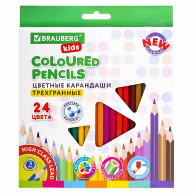Самсон Карандаши цветные BRAUBERG KIDS, 24 цвета, трехгранные, 182002