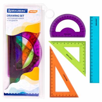 Самсон Набор чертежный средний BRAUBERG (линейка 20см, 2 треуг., трансп.), ассорти, пенал, 210771