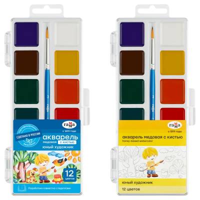 КанцРЦ Акварель Гамма "Юный художник", медовая, 12 цветов, с кистью, пластик, европодвес 212070