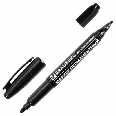 Самсон Маркер перманентный (нестираемый) BRAUBERG двусторонний, ЧЕРНЫЙ, круглый наконечник, 2-4 мм