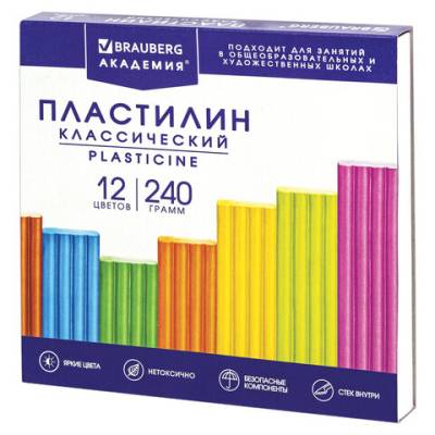 Самсон Пластилин классический BRAUBERG "АКАДЕМИЯ ХИТ", 12 цветов, 240 г, стек, ВЫСШЕЕ КАЧЕСТВО, 106