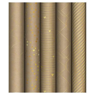 Упаковочная бумага крафт 70*100см, MESHU "Golden Pattern", 80г/м2, отд. фольгой, ассорти 5 д
