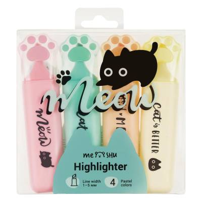 КанцРЦ Набор текстовыделителей MESHU "Live, Life, Meow", 04цв., пастельные цвета, 1-5 мм, ПВХ бокс
