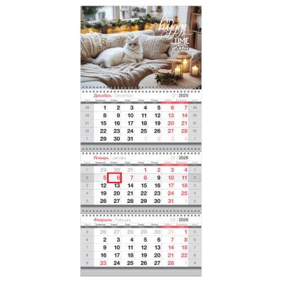 Календарь квартальный 3 бл. на 3 гр., 295*660 мм BG "Кот", с бегунком, 2026г.