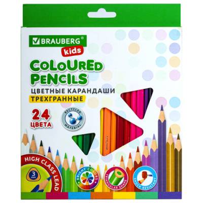 Самсон Карандаши цветные BRAUBERG KIDS, 24 цвета, трехгранный корпус, грифель мягкий 3 мм, 181944