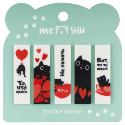 Флажки-закладки MESHU "Cute kitten" пластиковые с дизайном, 45*12мм, 20л*5 цветов, пакет с е