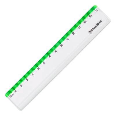 Самсон Линейка пластиковая 15 см BRAUBERG "FRESH ZONE", прозрачная, с салатовой шкалой, 210748