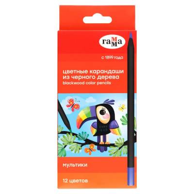 КанцРЦ Карандаши цветные Гамма "Мультики", 12цв., черное дерево,заточен., картон. упак., европодвес