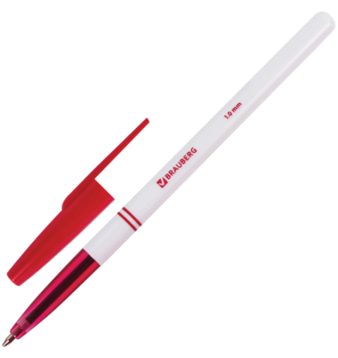 Ручка шариковая BRAUBERG "Офисная", КРАСНАЯ, корпус белый, узел 1 мм, линия письма 0,5 мм