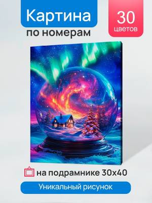 Холст с красками 30х40 см по номерам в коробке (30цв.) Дом в снежном шаре