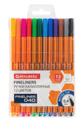 Самсон Ручки капиллярные (линеры) 12 ЦВЕТОВ, BRAUBERG, шестигранные, линия 0,4мм, 144143