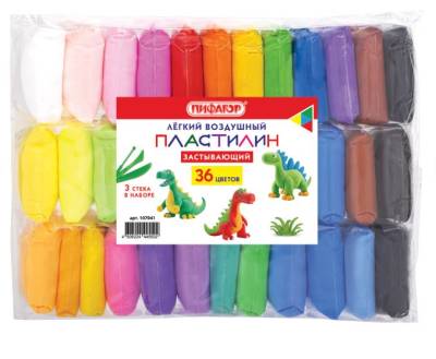Самсон Пластилин супер лёгкий воздушный застывающий 36 цветов, 3 стека, ПИФАГОР, 107041