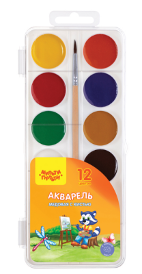 Акварель Мульти-Пульти "Приключения Енота", медовая, 12 цветов, с кистью, пластик