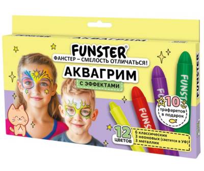 Самсон Аквагрим, 12 цветов (6 классических+3 неон+3 метал), 10 трафаретов, FUNSTER, 192575
