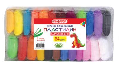 Самсон Пластилин супер лёгкий воздушный застывающий 24 цветов, 3 стека, ПИФАГОР, 107040