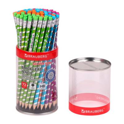Карандаш чернографитный BRAUBERG "SILVER LINE", 1 шт., HB, с ластиком, корпус ассорти, 18174