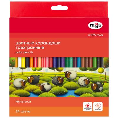 КанцРЦ Карандаши цветные Гамма "Мультики", 24цв., трехгранные, заточен., картон. упак., европодвес