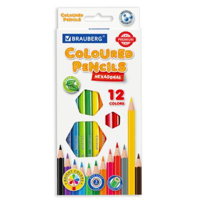 Самсон Карандаши цветные пластиковые BRAUBERG PREMIUM, 12 цветов, шестигранные, грифель мягкий 3 мм