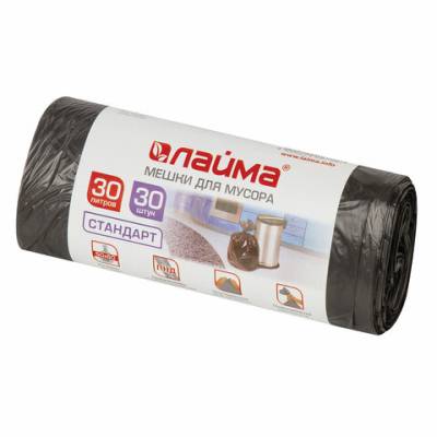 Самсон Мешки для мусора 30л черные в рулоне 30 шт, ПНД 8 мкм, 50х60см, LAIMA стандарт, 601377