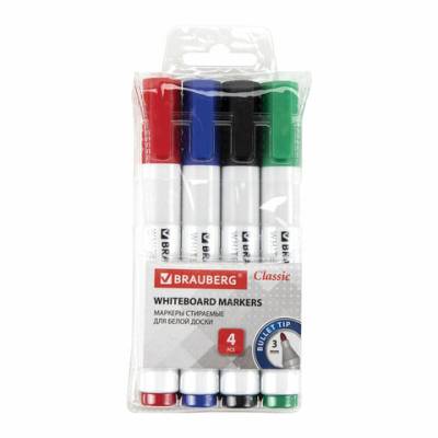 Самсон Маркеры стираемые для белой доски НАБОР 4 ЦВЕТА, BRAUBERG, круглый наконечник, 3 мм, 152117